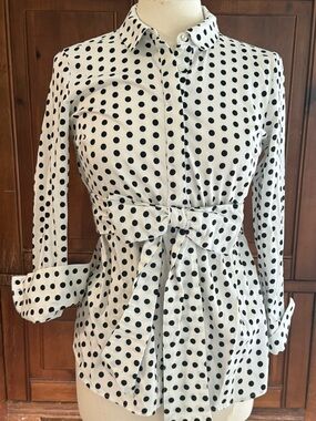 ELLE Women’s Polka Dot Belted Button-Front Blouse – Size Small